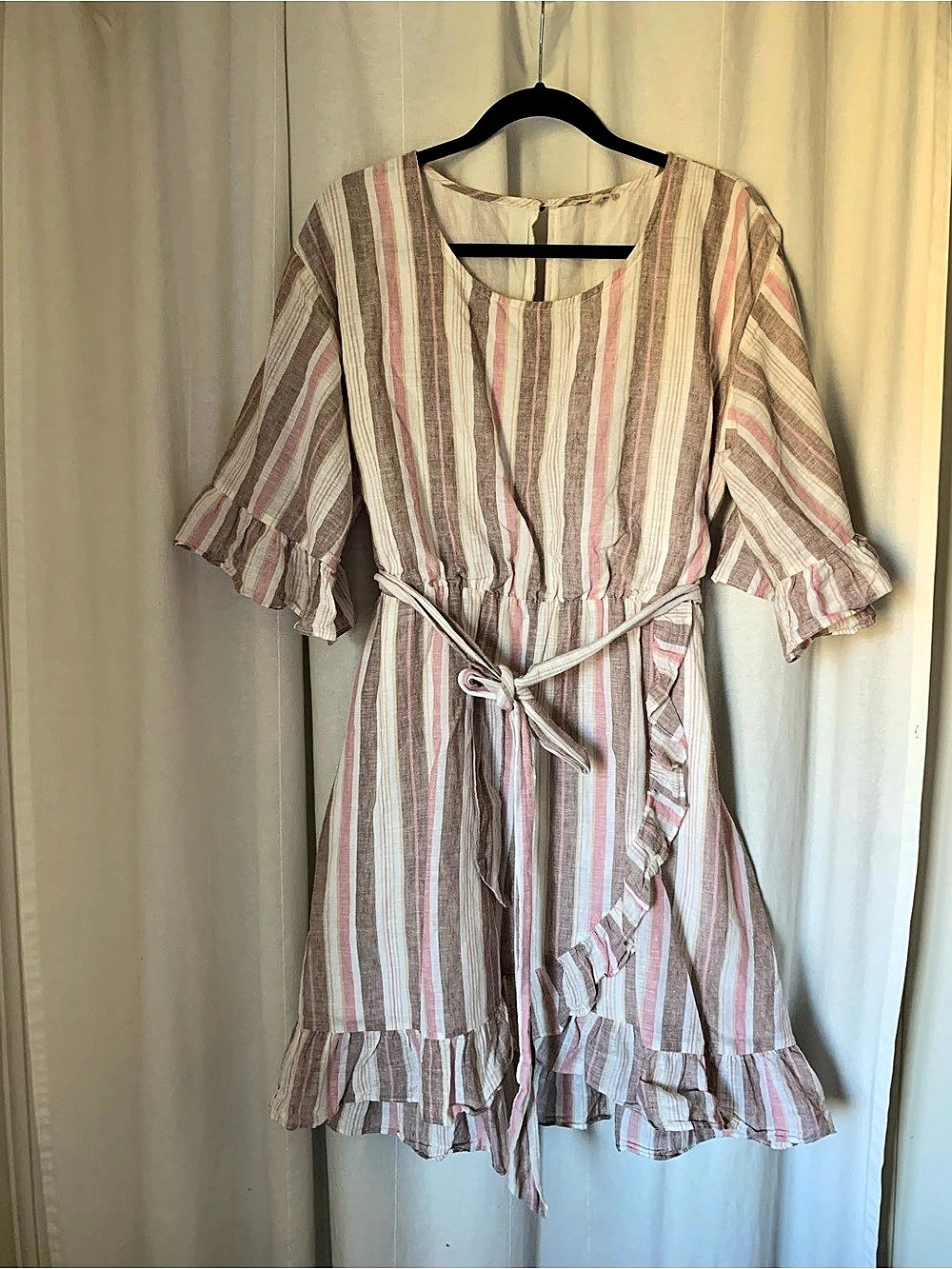 Mystree Striped Ruffle Mini Dress in Pink & Brown Size Large